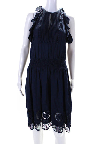 Shoshanna Womens Cotton Smocked Waist Ruffled A-Line Dress Navy Blue Size 4