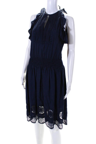 Shoshanna Womens Cotton Smocked Waist Ruffled A-Line Dress Navy Blue Size 4