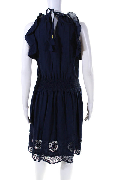 Shoshanna Womens Cotton Smocked Waist Ruffled A-Line Dress Navy Blue Size 4