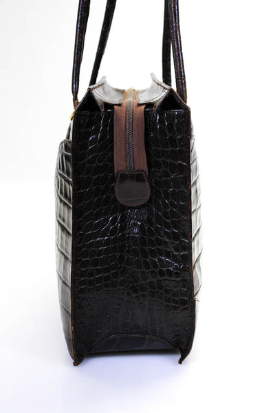 Bettina Womens Crocodile Zip Top Structured Rectangular Brown Tote Handbag