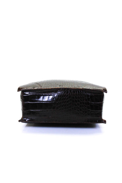 Bettina Womens Crocodile Zip Top Structured Rectangular Brown Tote Handbag