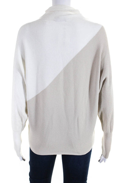 T Tahari Womens Colorblock Print Mock Neck Batwing Sweater Top Gray Ivory Size S