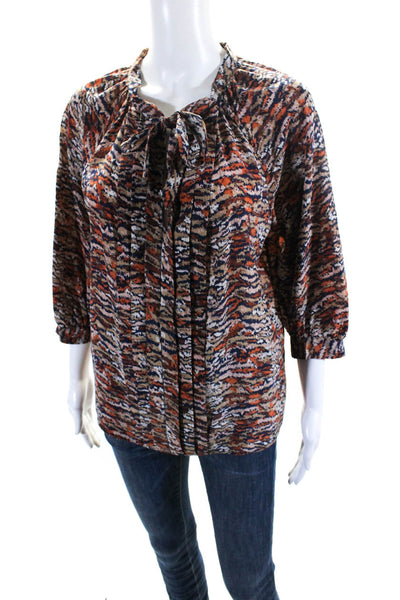 Joie Womens Silk Abstract Print V Neck Long Sleeve Blouse Orange Blue Size S