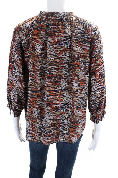 Joie Womens Silk Abstract Print V Neck Long Sleeve Blouse Orange Blue Size S