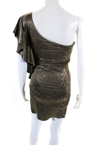 Sky Womens One Shoulder Studded Ruffle Bodycon Mini Dress Brown Size XS