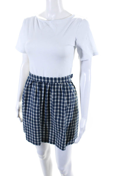 APC Womens Side Zip Knee Length Plaid A Line Skirt Blue White Cotton Size FR 34