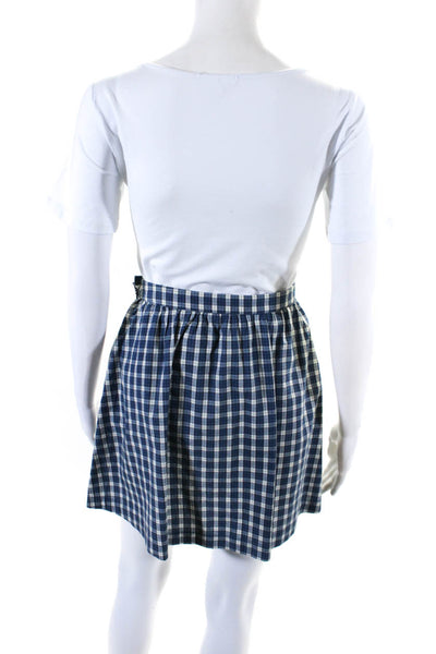 APC Womens Side Zip Knee Length Plaid A Line Skirt Blue White Cotton Size FR 34