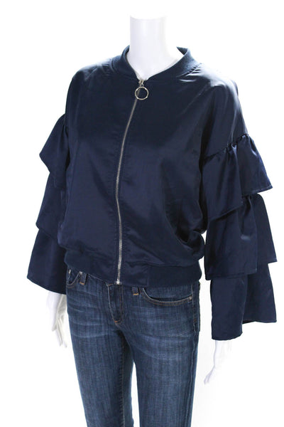 Madisonne Womens Ruffle Detail Round Neck Long Sleeve Zip Up Jacket Navy Size XS