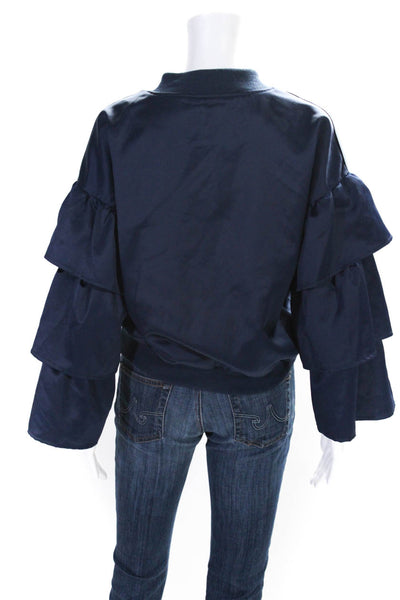 Madisonne Womens Ruffle Detail Round Neck Long Sleeve Zip Up Jacket Navy Size XS
