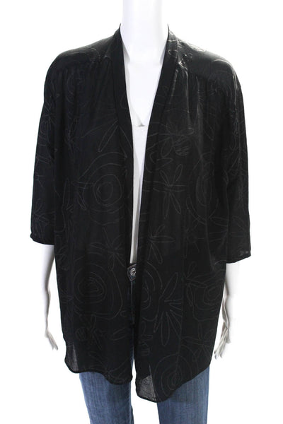 Oscar de la Renta Womens Floral Print Semi Sheer Open Front Kimono Black Size M