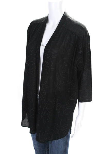 Oscar de la Renta Womens Floral Print Semi Sheer Open Front Kimono Black Size M