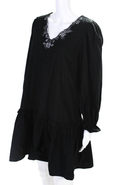 J Crew Womens Cotton Embroidered V-Neck Long Sleeve Dress Black Size XS