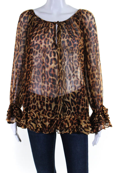 La Rok Womens Leopard Print Chiffon Long Sleeve Keyhole Top Blouse Brown Small