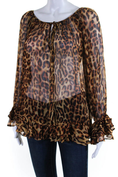 La Rok Womens Leopard Print Chiffon Long Sleeve Keyhole Top Blouse Brown Small