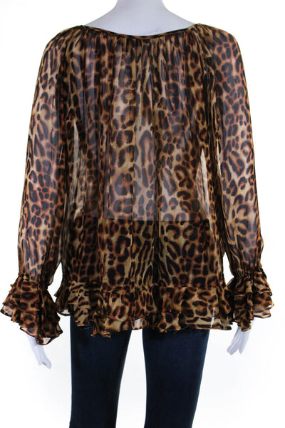 La Rok Womens Leopard Print Chiffon Long Sleeve Keyhole Top Blouse Brown Small