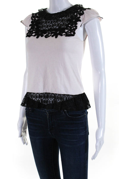 Anna Sui Womens Embroidered Flower Mesh Cap Sleeve Top Blouse Black Pink Size XS