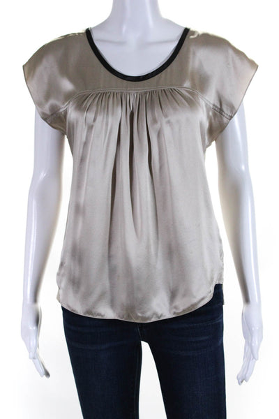 Rebecca Taylor Womens Faux Leather Trim Short Sleeve Satin Blouse Beige Size 0