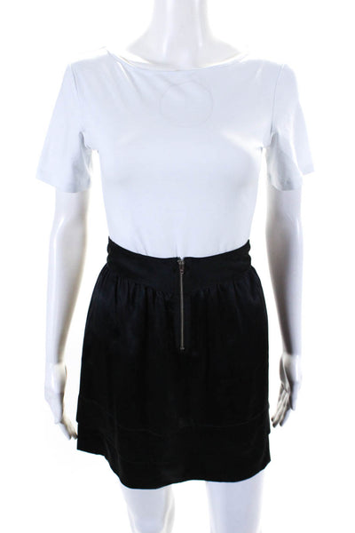 Myne Womens Front Zip Tiered Knee Length Silk Skirt Black Size 4