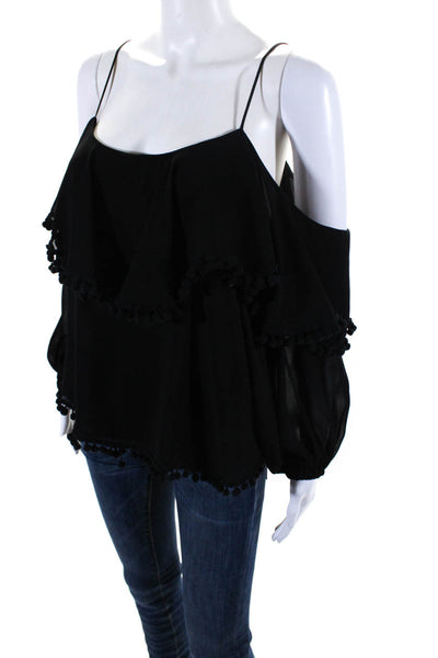 Misa Womens Tiered Chiffon Pom Pom Spaghetti Strap Tank Top Blouse Black XS