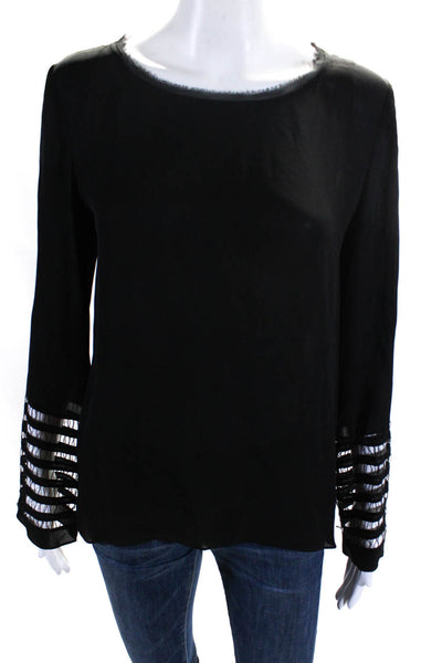 Elie Tahari Womens Ladder Stitch Long Sleeve Crew Neck Top Blouse Black Small