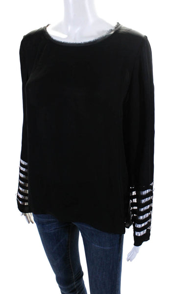 Elie Tahari Womens Ladder Stitch Long Sleeve Crew Neck Top Blouse Black Small