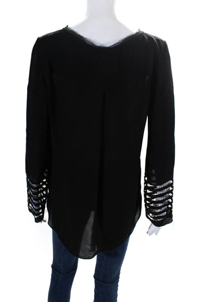 Elie Tahari Womens Ladder Stitch Long Sleeve Crew Neck Top Blouse Black Small