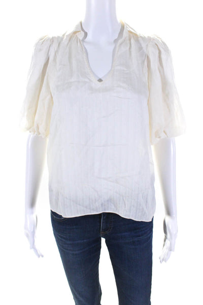 Intermix Womens Pinstripe Puff Sleeve V Neck Collar Top Blouse Ivory Size Petite