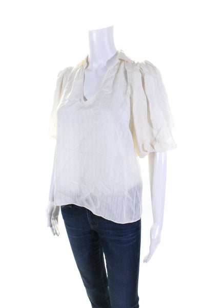 Intermix Womens Pinstripe Puff Sleeve V Neck Collar Top Blouse Ivory Size Petite