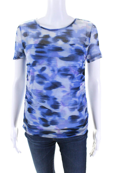 DKNY Womens Semi Sheer Abstract Print Ruched Short Sleeve Top Blue Size XS