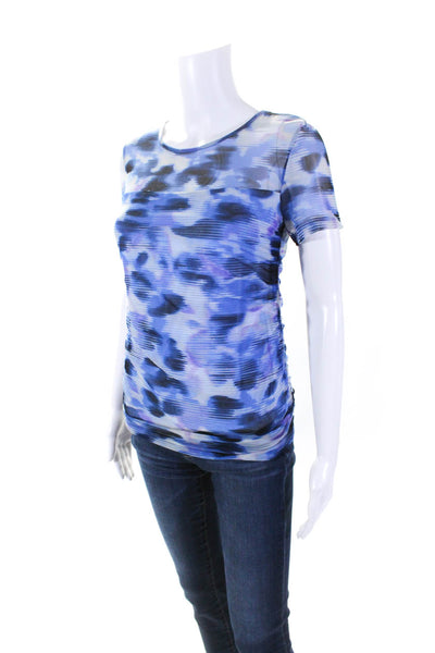 DKNY Womens Semi Sheer Abstract Print Ruched Short Sleeve Top Blue Size XS