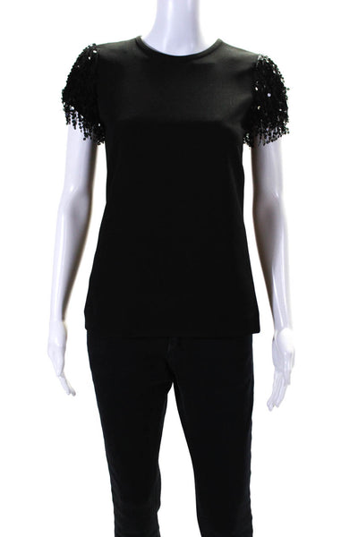 Kate Spade New York Womens Sequin Fringe Short Sleeve Crepe Top Black Size 00