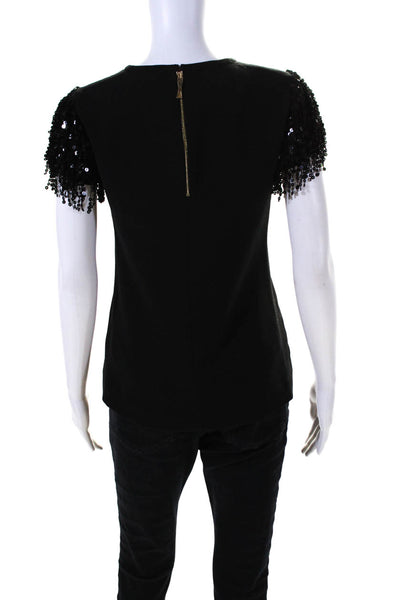 Kate Spade New York Womens Sequin Fringe Short Sleeve Crepe Top Black Size 00