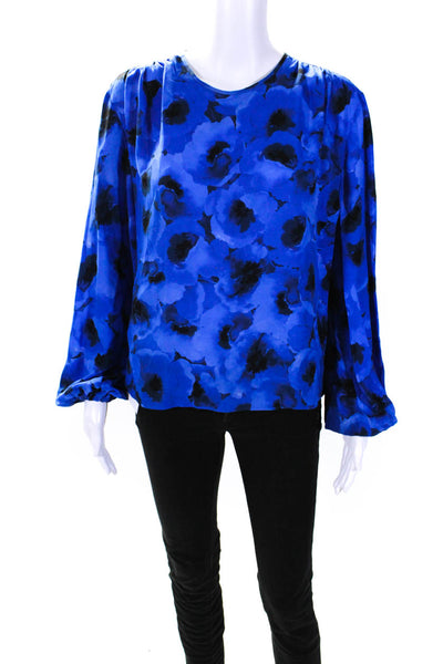 Michael Kors Collection Womens Watercolor Floral Print Blouse Blue Black Size 12
