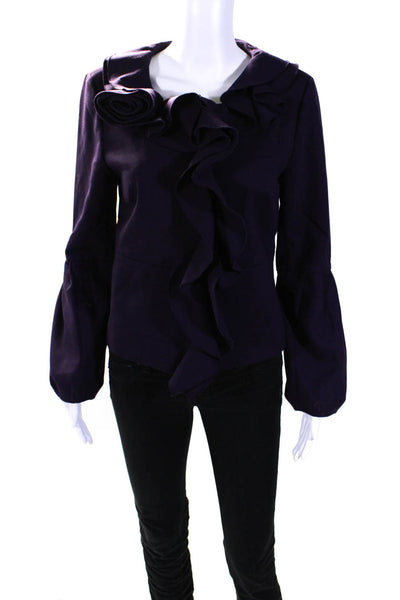 Magaschoni Collection Womens Ruffled Front Jacket Purple Wool Size Small