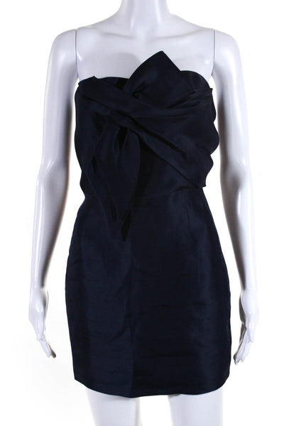 Designer Womens Strapless Organza Bow Mini Sheath Dress Navy Blue Size 4