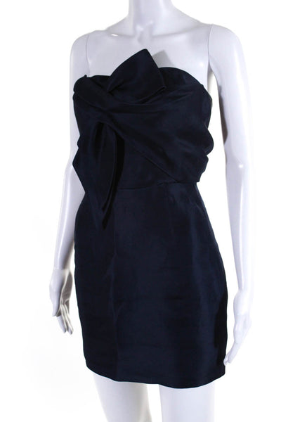 Designer Womens Strapless Organza Bow Mini Sheath Dress Navy Blue Size 4