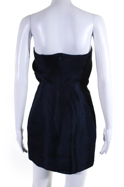 Designer Womens Strapless Organza Bow Mini Sheath Dress Navy Blue Size 4