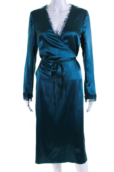 Intermix Womens Fringe Hem Satin Long Sleeve Wrap Dress Turquoise Size 4