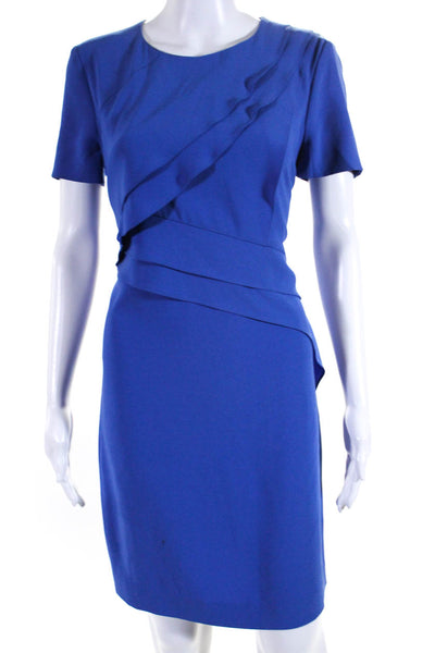 Escada Womens Short Sleeve Ruffle Crew Neck Sheath Dress Blue Size EU 36