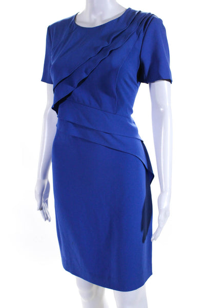 Escada Womens Short Sleeve Ruffle Crew Neck Sheath Dress Blue Size EU 36