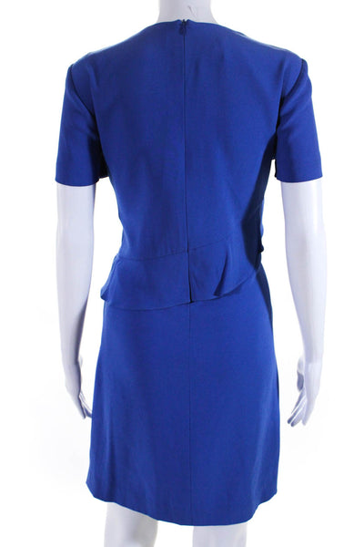 Escada Womens Short Sleeve Ruffle Crew Neck Sheath Dress Blue Size EU 36