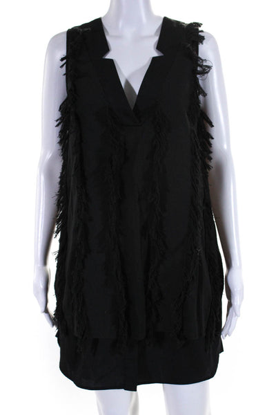 10 Crosby Derek Lam Womens Fringe Poplin V Neck Shift Dress Black Size 4