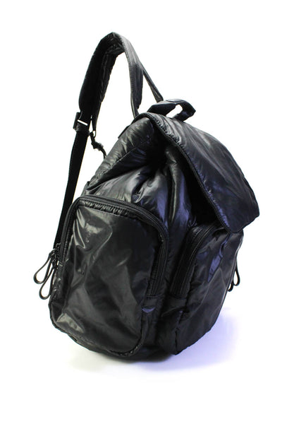Caraa Womens Double Side Pocket Drawstring Flap Nylon Backpack Handbag Black