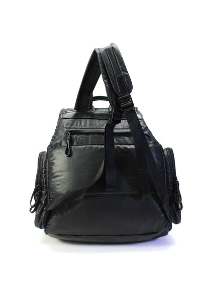 Caraa Womens Double Side Pocket Drawstring Flap Nylon Backpack Handbag Black