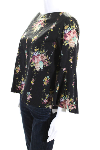 Alice + Olivia Womens Floral Print Long Sleeves Blouse Black Cotton Size Small