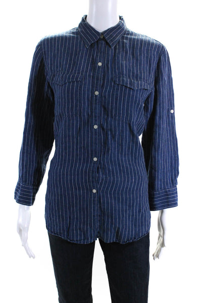 Lauren Ralph Lauren Womens Linen Striped Button Down Shirt Blue Size Medium