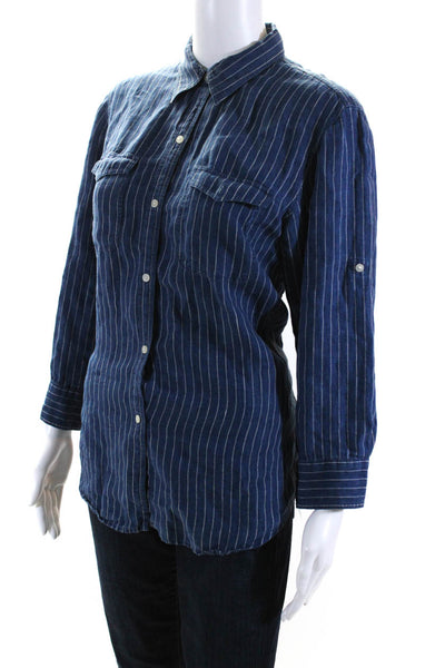 Lauren Ralph Lauren Womens Linen Striped Button Down Shirt Blue Size Medium