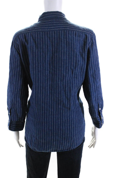 Lauren Ralph Lauren Womens Linen Striped Button Down Shirt Blue Size Medium