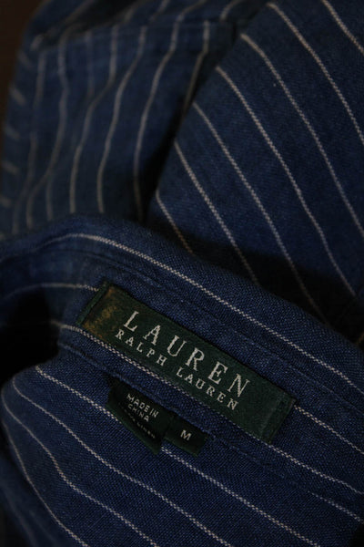 Lauren Ralph Lauren Womens Linen Striped Button Down Shirt Blue Size Medium