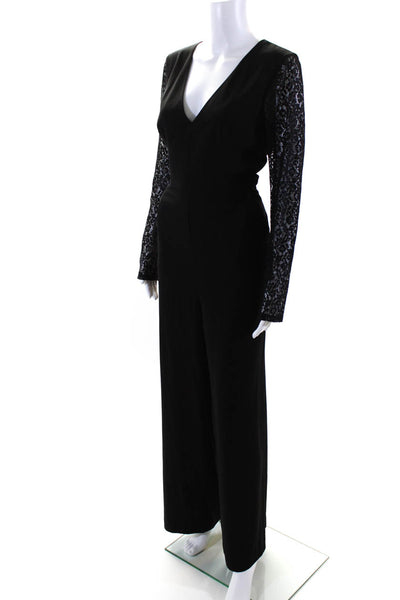 BCBG Max Azria Womens Lace V Neck Long Sleeves Wide Leg Jumpsuit Black Size 10